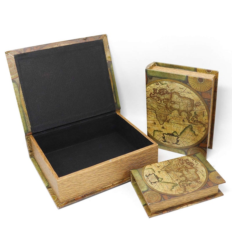 Jolitac Decorative Book Boxes World Map Pattern Antique Book Invisible box with Magnetic cover, Faux Wood Set of 3 Storage Set (Map) - Image 5